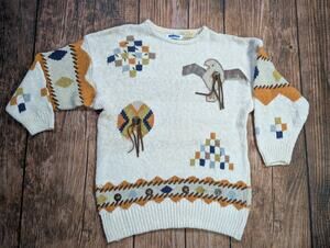 Vintage 80s MARIEA KIM Tribal Indian Leather Decoriated Crewneck Sweater Sz Med